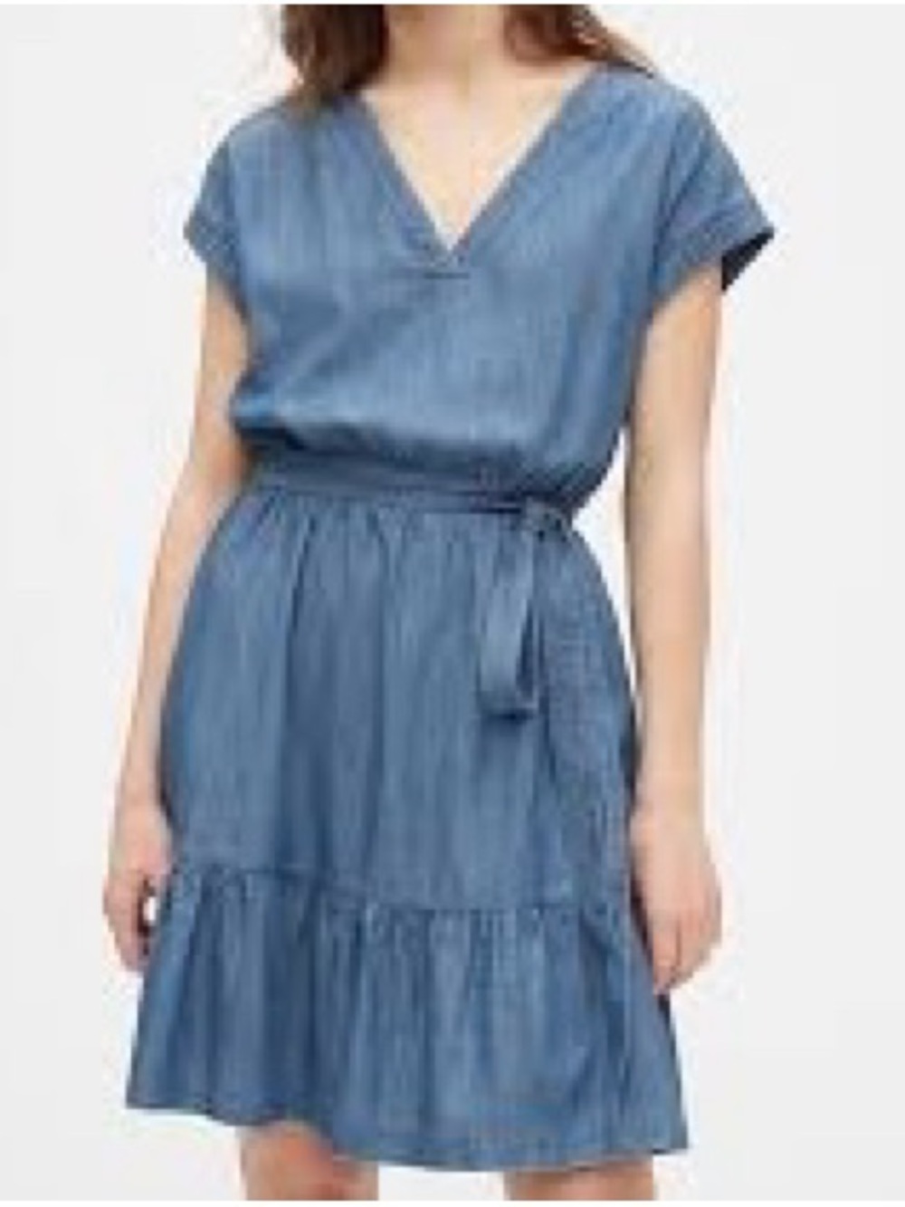 Gap Ruffle Hem Dress Light Wash Denim Mini Dress V Neck Women’s Small NWT